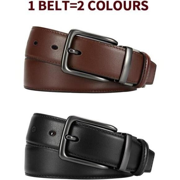 Mens reversible leather belt black brown dress casual trim to fit waist belt - Picture 3 of 7